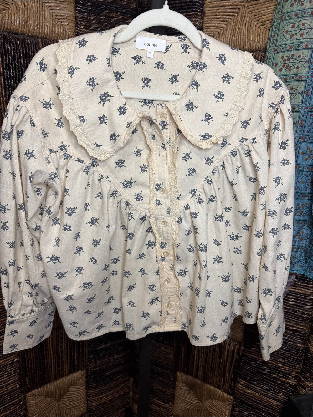 bohme Cream Blouse with Navy Floral Print and Lace Collar